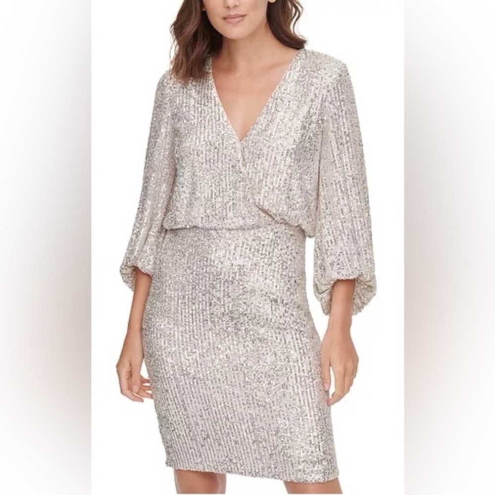 Eliza J Silver Long Sleeve Sequin Dress
